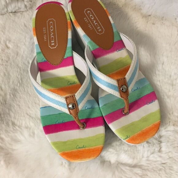 NEW Coach Felicite Multi-Color Striped Wedge Platform Thong Strap Sandals Size 8 - Picture 4 of 13